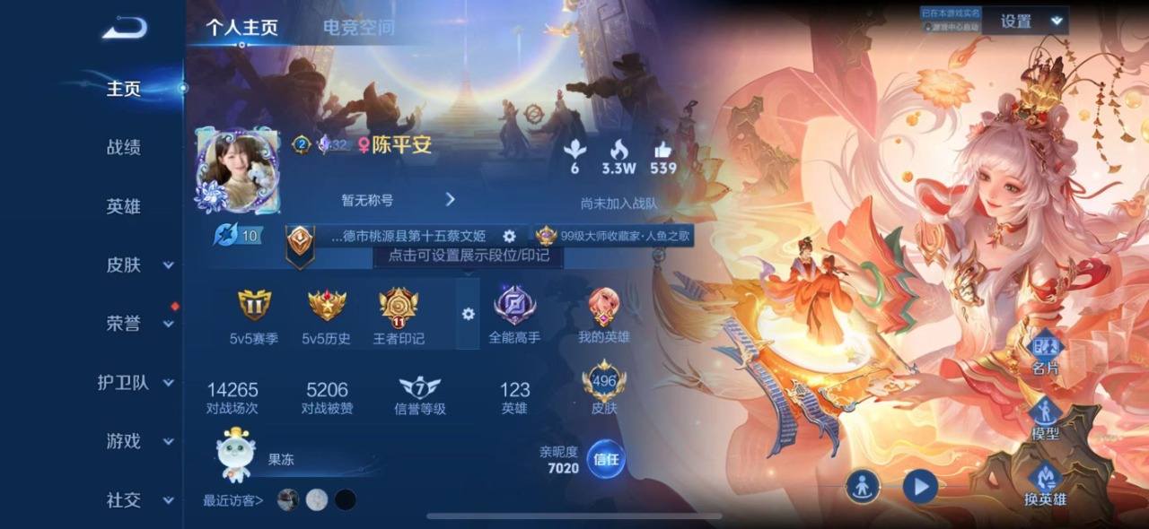 王者荣耀账号苹果QQ10 4典藏 2无双 1珍品传说 57传说 123英雄 496皮肤 可修改实名 荣耀水晶：拾光映像(
