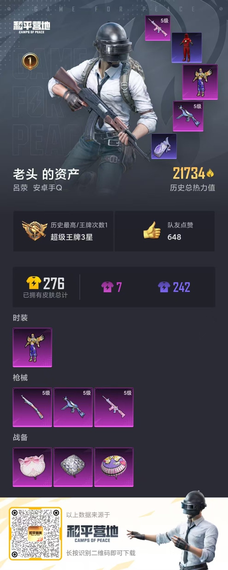 [9081728]1粉装 3特效枪 1印记 可二次 热门装扮：光极星 稀有枪皮：Kar98K-巳巳如意,UMP45量子极限,M416电玩时刻 五级特效枪：五级UMP45-量子极限,五级Kar98K-