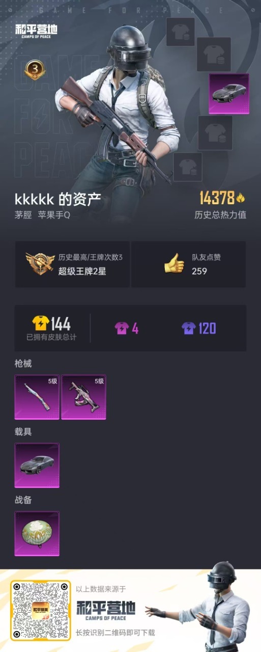 [9082631]0粉装 2特效枪 1载具 可二次 可修改实名 时装数：136 枪械数：35 战备数：1 载具：兰博基尼Estoque(银翼灰) 稀有枪皮：GROZA-镜光银凌,Kar98K-巳巳如