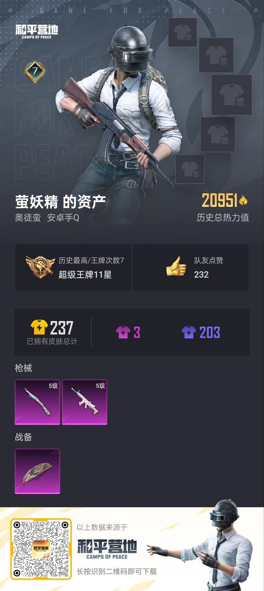 [9086366]0粉装 2特效枪 0载具 可二次 可修改实名 时装数：277 枪械数：52 战备数：0 稀有枪皮：Kar98K-巳巳如意,SCAR-L-锦绣绵绵 五级特效枪：五级Kar98K-巳巳