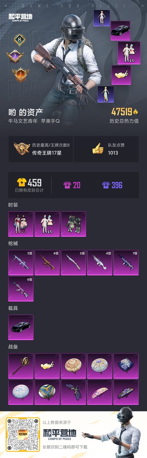 [9084234]3粉装 6特效枪 1载具 8印记 可二次 可修改实名 热门装扮：星穹咏叹调,快乐主宰,旋转彩虹,软萌银虎,深海小丑鱼 载具：玛莎拉蒂Quattroporte(夜幕蓝) 稀有枪皮：K