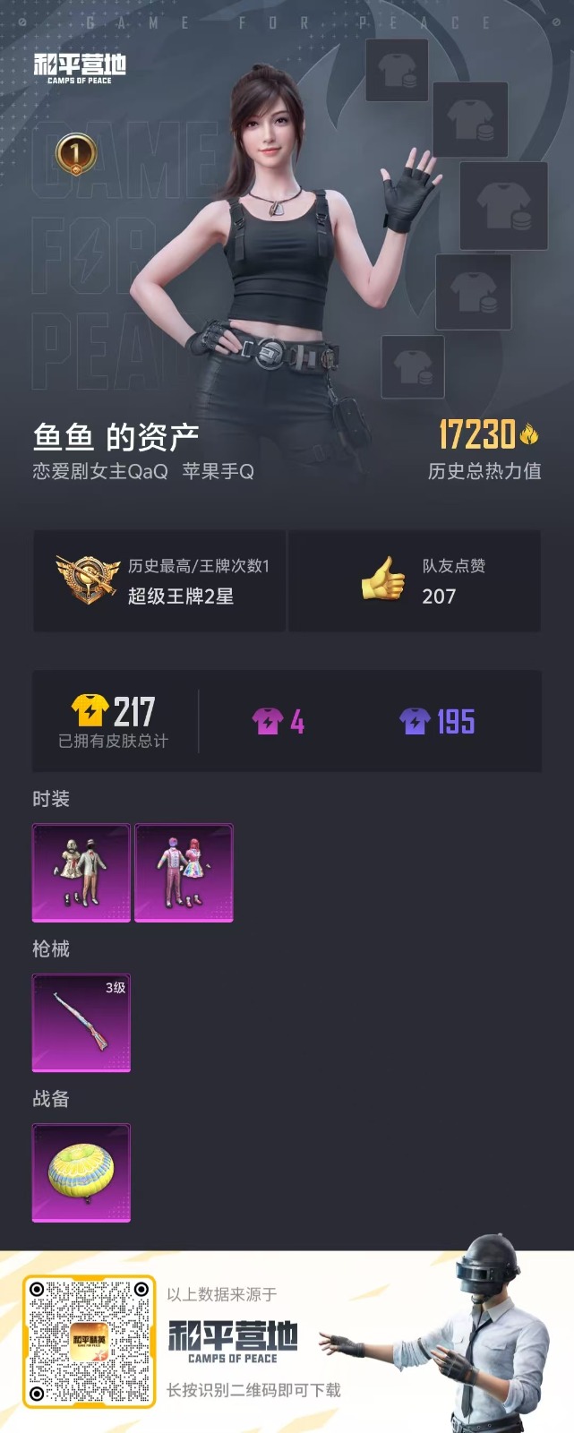 [9083760]2粉装 1特效枪 1印记 可二次 可修改实名 热门装扮：天使彩虹糖,宝贝奶油派,万圣娃娃 稀有枪皮：Kar98K-巳巳如意 三级特效枪：三级Kar98K-巳巳如意 紫色装扮：耀粉歌