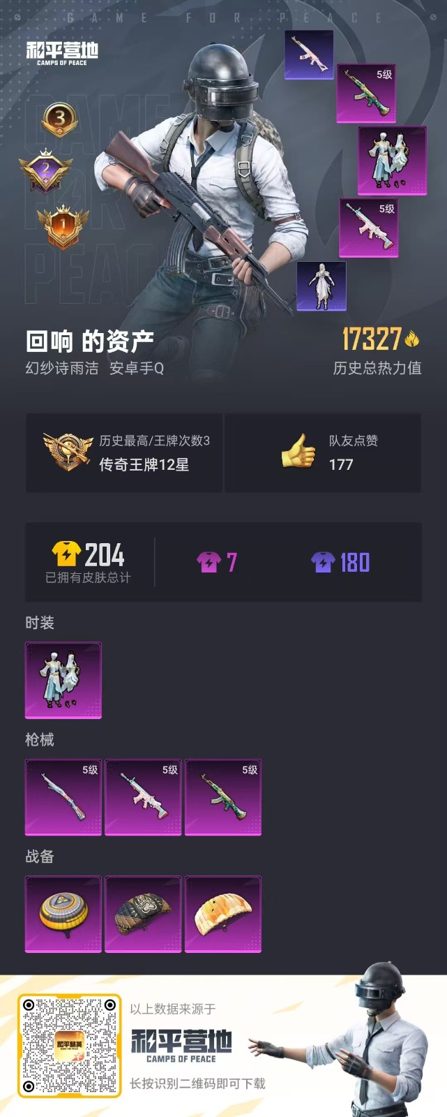 [9083632]1粉装 3特效枪  3印记 可二次 时装数：154 枪械数：49 战备数：0 热门装扮：金丰海韵 稀有枪皮：Kar98K-巳巳如意,AKM绿萝繁花,SCAR-L-锦绣绵绵 五级特效