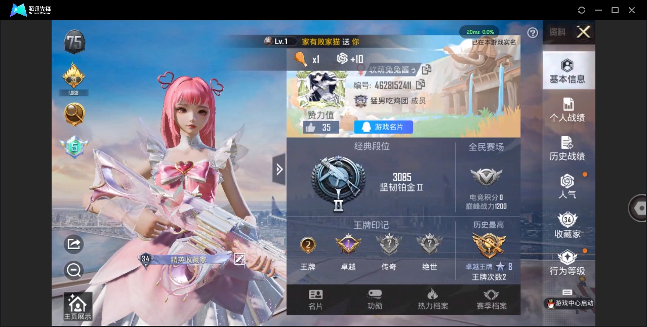 [9081267]2粉装 4特效枪 2印记 可二次 可修改实名 女号 热门装扮：幻彩电音,美雪 稀有枪皮：Kar98K-巳巳如意,AMR-智耀战神,AKM炫紫旋律,PKM江南烟雨 四级特效枪：四级A