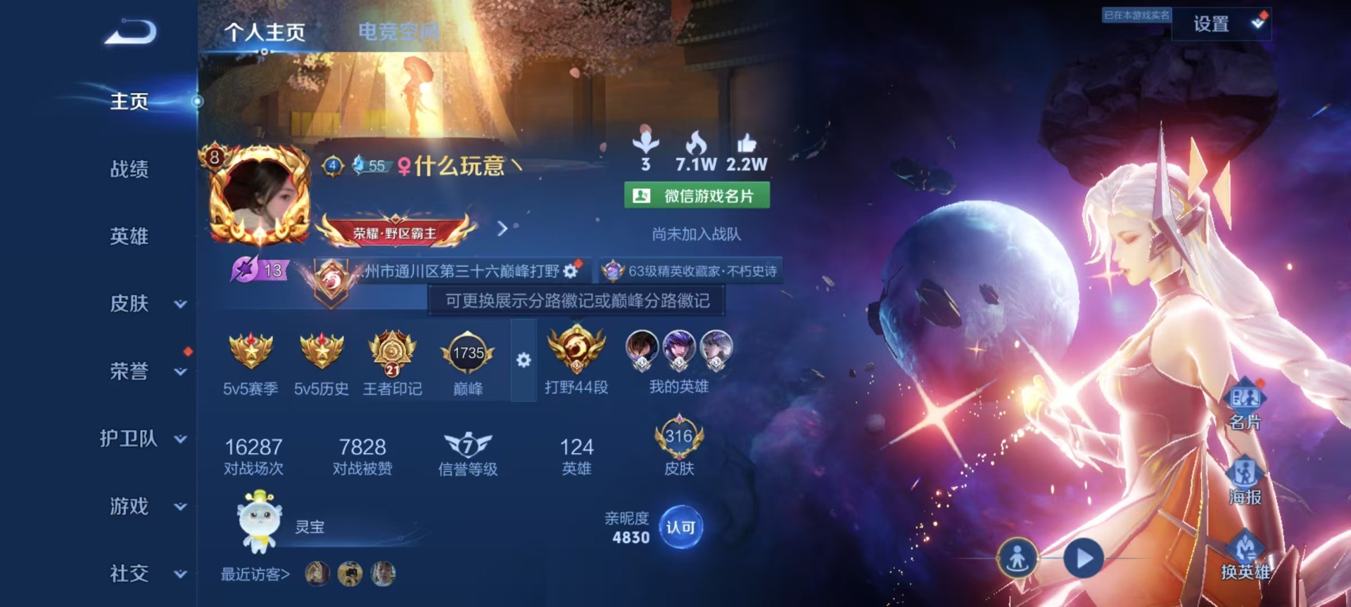 [9087576]V9 1典藏 23传说 124英雄 316皮肤 可修改实名 安全保护中 荣耀水晶：鸣剑·曳影 传说皮：幻光神枪,黄金狮子座,零号·赤焰,地狱之眼,末日机甲-孙尚香(绿蚂蚱),一念神