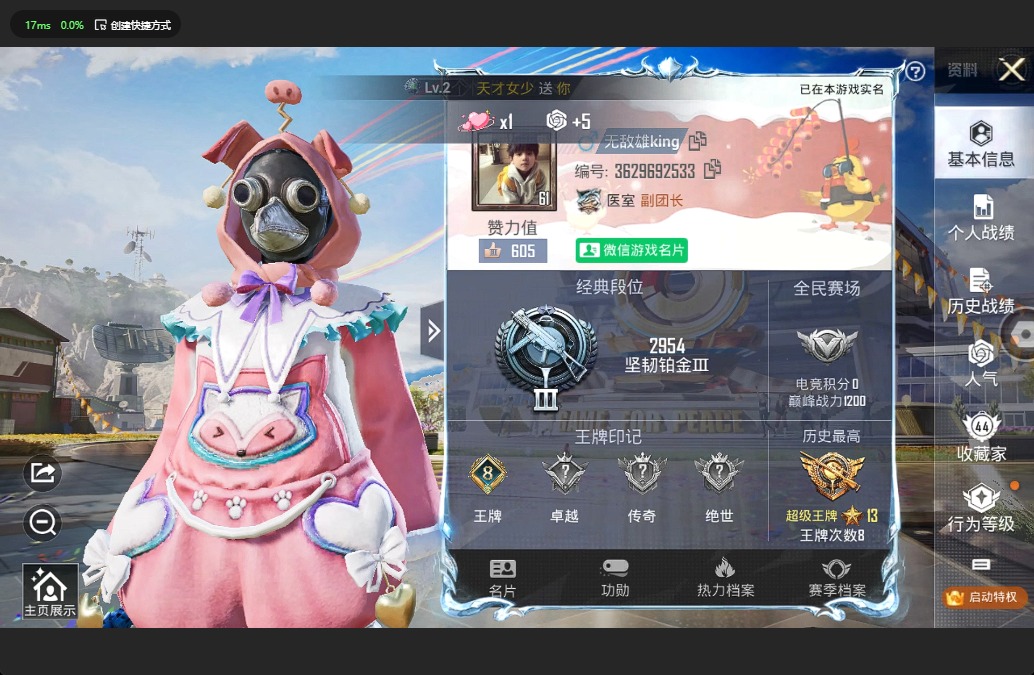 [9082431]4粉装 4特效枪 8印记 可二次 可修改实名 连体王者 身法装备：暗影哥特（红眼罩） 热门装扮：梦幻火箭(新101)(新火箭少女101粉色套装),甜梦小狐,寒光使者,复仇流浪者,兔