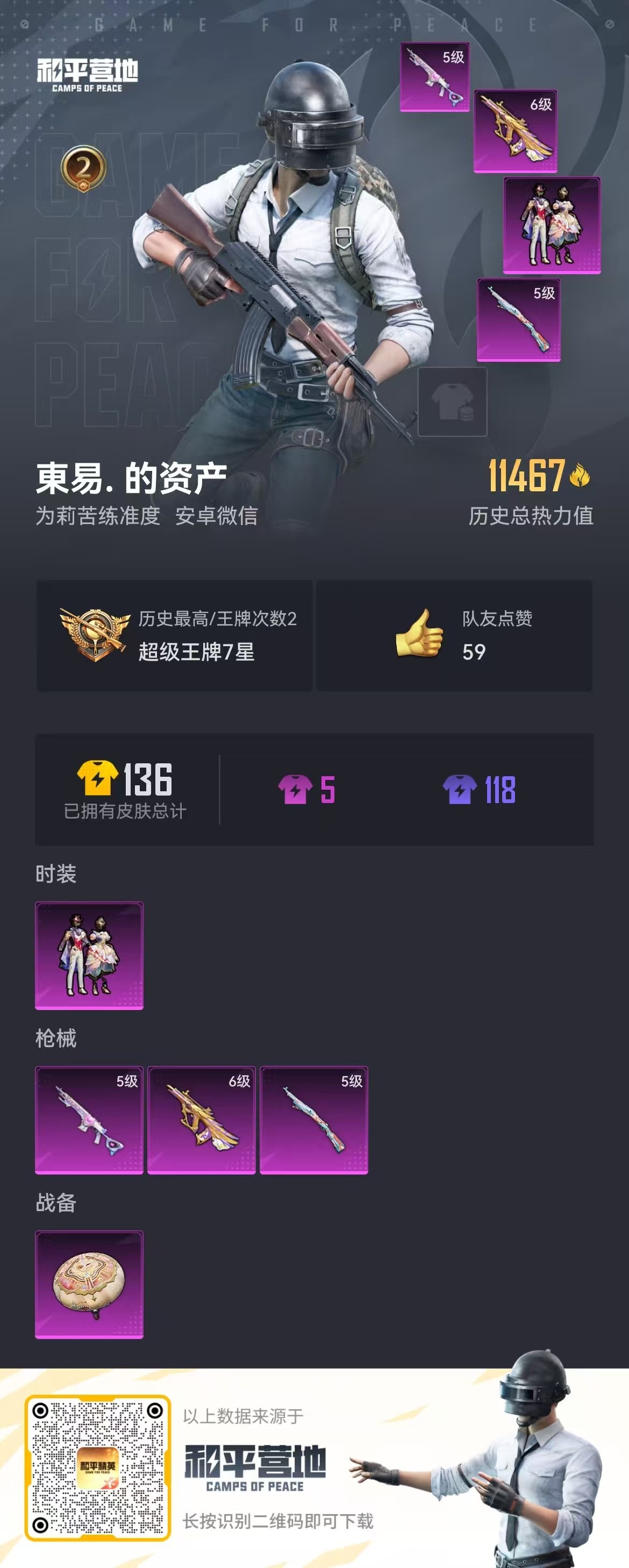 [9093445]1粉装 3特效枪 2印记 可二次 可修改实名 热门装扮：星穹咏叹调 稀有枪皮：Kar98K-巳巳如意,AUG-圣斗士星矢,14-甜梦熊击 六级特效枪：六级AUG-圣斗士星矢 五级特
